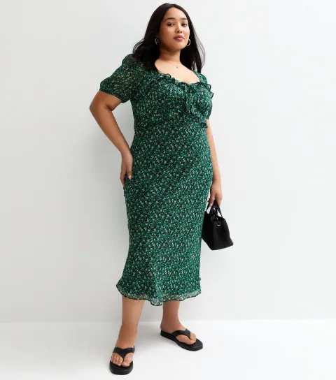Women's Plus Size Green Floral Print Chiffon Midi Dress Curves