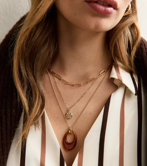Gold Tone Triple Chain Bead Resin Necklace