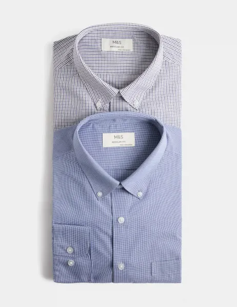 Marks & Spencer 2 Pack Regular Fit Easy Iron Check Shirts Red Mix