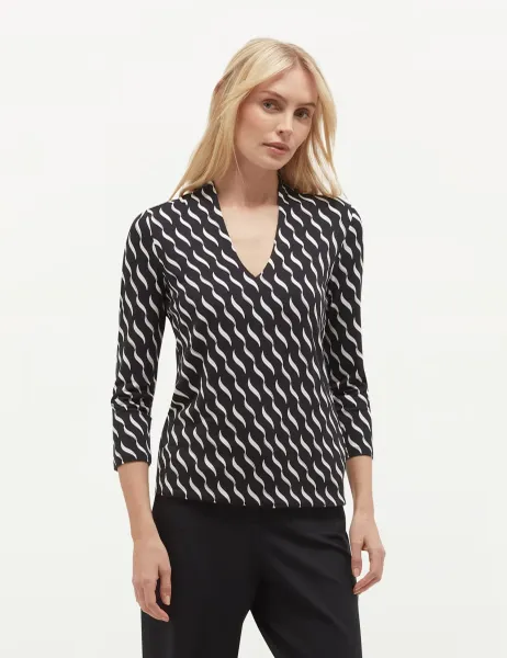 Hobbs Jersey Geometric Print V-Neck Top Blue Mix