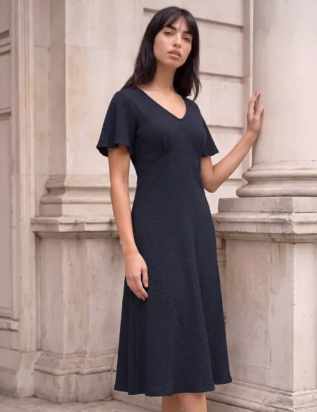Roman Petite V Neck Fit And Flare Dress Navy Mix