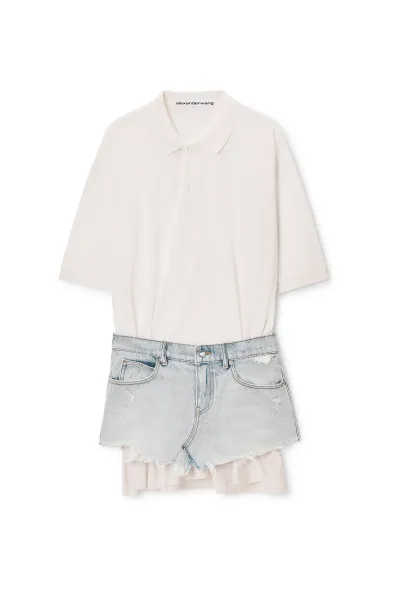 Layered Polo Mini Dress with Reconstructed Denim Skirt