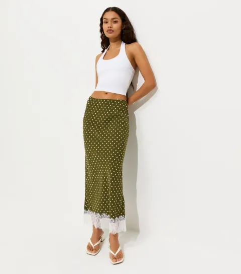 Women's Petite Green Polka Dot Lace Midi Skirt