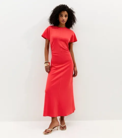 Women's Dark Coral Shirred Side Jersey Midi Dress
