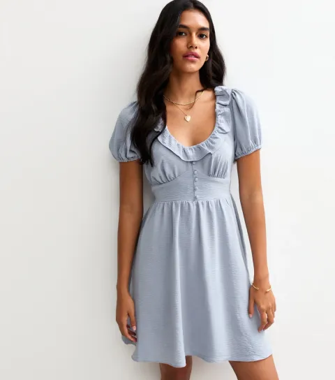 New Look Women's Blue Ruffle Trim Puff Sleeve Mini Dress