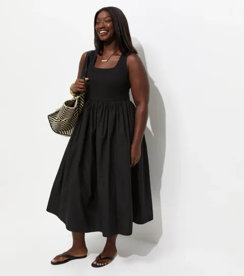 Women's Plus Size Black 2-In-1 Poplin Midi Dress Curves