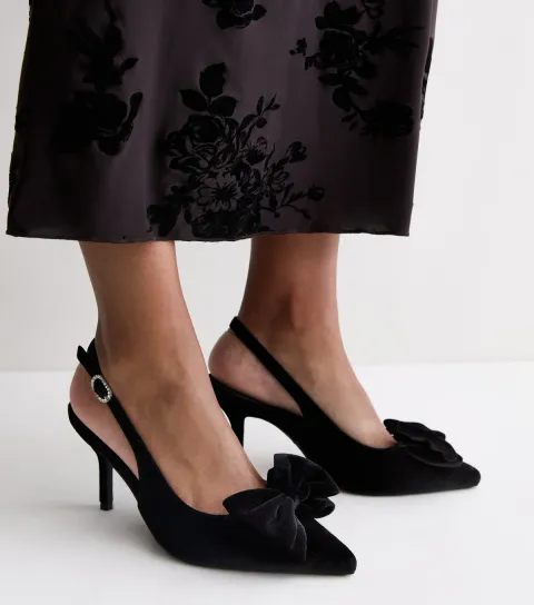 New Look Women's Black Velvet Bow Slingback Court Shoes Vegan