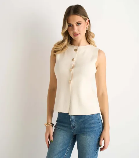 Women's Off White Button Front Compact Knit Waistcoat
