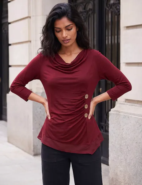 Roman Button Detail Chiffon Hem Top Burgundy
