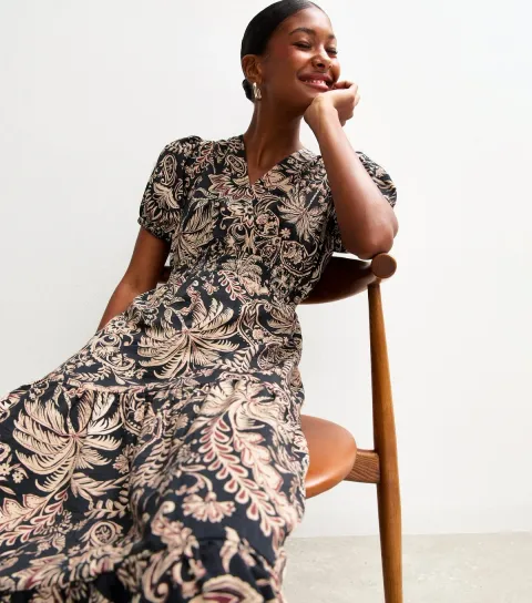 New Look Women's Black Palm Tree Print Midi Dress