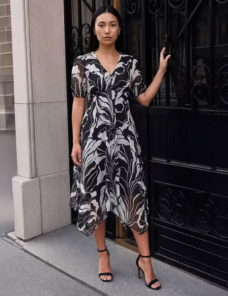 Roman Hanky Hem Knee Length Dress Black Mix