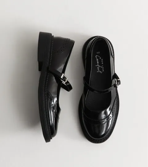 Women's Black Patent Faux Leather Box Brogue Mary Jane Shoes Vegan