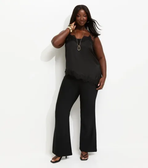Women's Plus Size Black Ottoman Rib Flare Trousers Curves