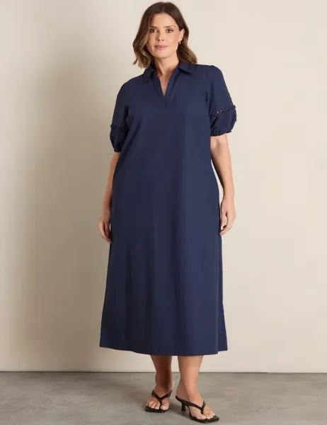 Live Unlimited London Pure Cotton Puff Sleeve Midaxi Tea Dress Blue