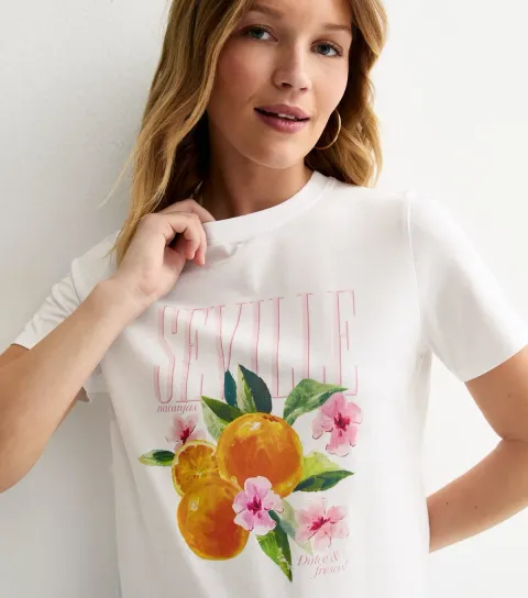 Women's White Orange Print T-Shirt