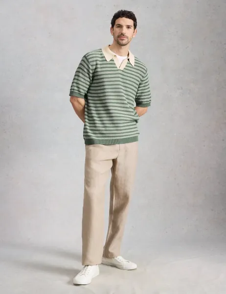 White Stuff Cotton Linen Blend Striped Knitted Polo Shirt Green Mix