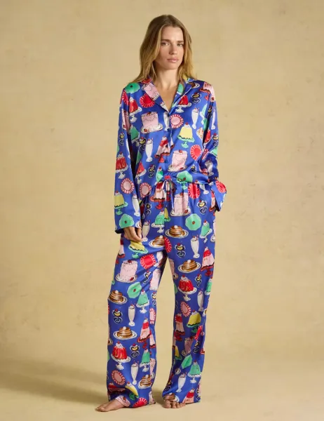 Joules Printed Satin Two Piece Pyjama Set Blue Mix