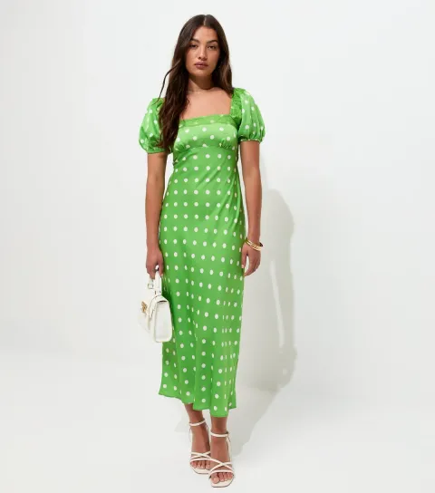 Women's Green Polka Dot Puff Sleeve Midi Dress
