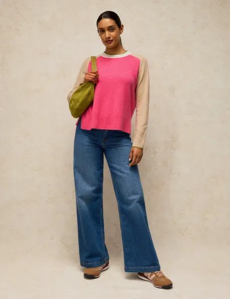 White Stuff Pure Cashmere Colour Block Jumper Pink Mix