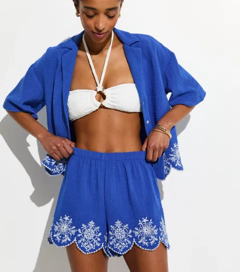 Women's Blue Embroidered Beach Shorts