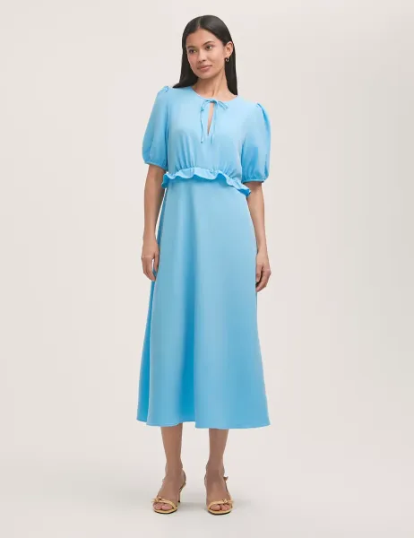 Finery London Crepe Tie Neck Frill Detail Midi Tea Dress Light Blue