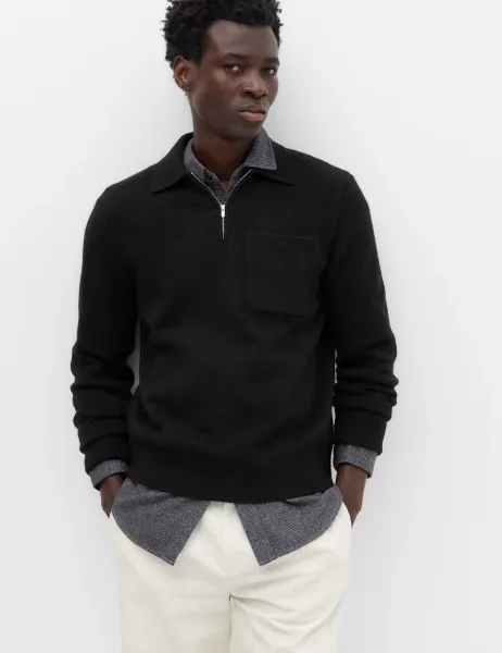 Marks & Spencer Supersoft Quarter Zip Knitted Polo Shirt Black
