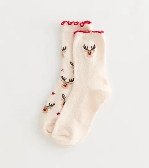 New Look Pack of 2 Cream Cosy Knit Christmas Reindeer Embroidered Frill Socks