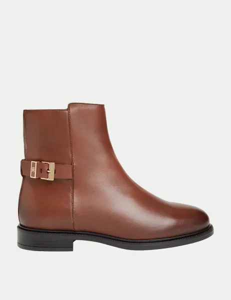 Tommy Hilfiger Leather Buckle Ankle Boots Tan