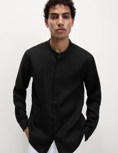 Marks & Spencer Pure Linen Grandad Collar Shirt Black