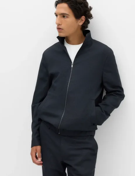 Marks & Spencer Regular Fit Pindot Funnel Neck Suit Jacket Navy