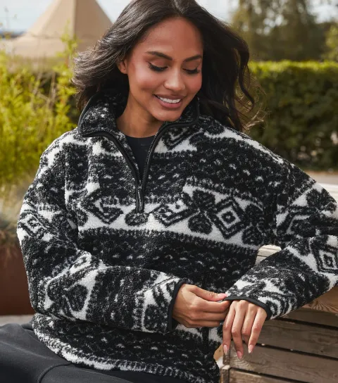 Women's Black Patterned Borg Quarter Zip Jacket