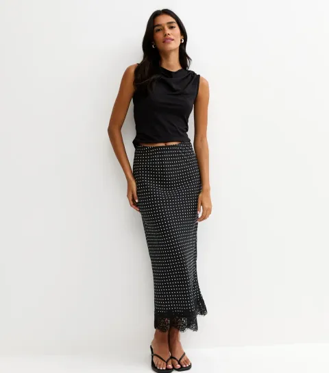 Women's Black Lace Trim Spot Print Bias Cut Midi Skirt