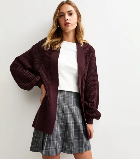 New Look Women's Burgundy Stitchy Knit Balloon Sleeve Cardigan