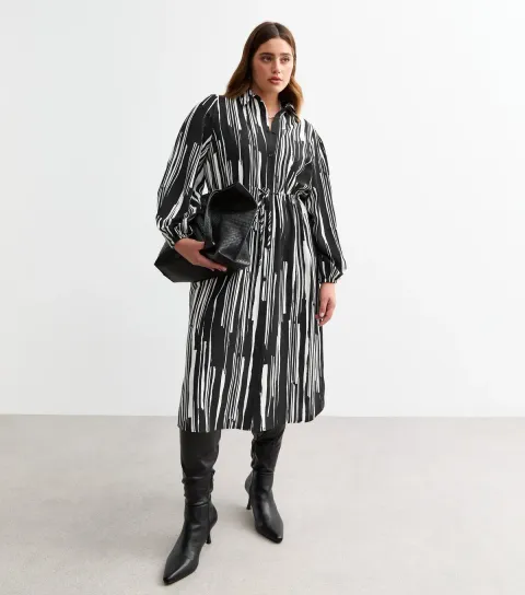 Women's Plus Size Black Striped Midi Shirt Dress Curves