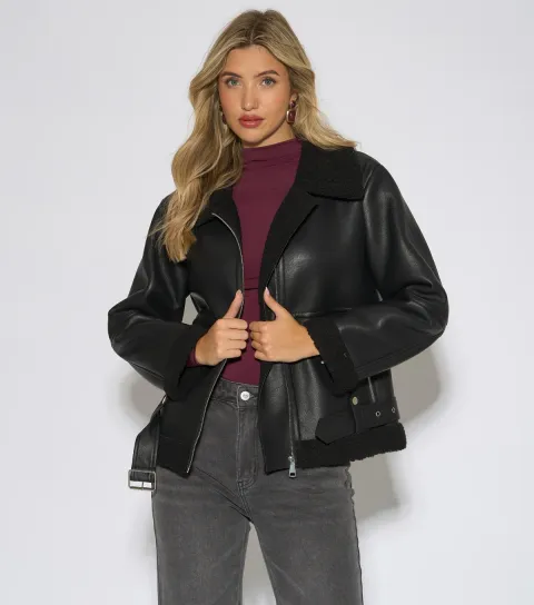 Gini London Women's Black Faux Leather Biker Jacket