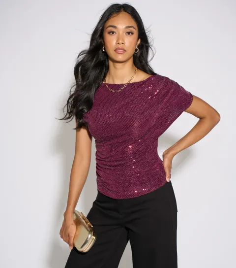 Gini London Women's Dark Burgundy Off Shoulder Sequin Top