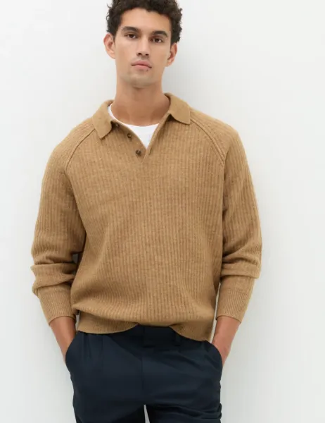 Marks & Spencer Lofty Relaxed Fit Ribbed Knit Polo Shirt Butterscotch
