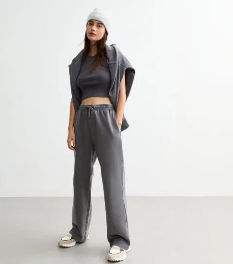 New Look Women's Grey Acid Wash Wide Leg Joggers