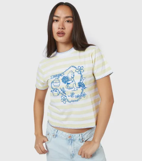 Women's Bright Yellow Disney Winnie the Pooh Stripe Baby Tee T-Shirt