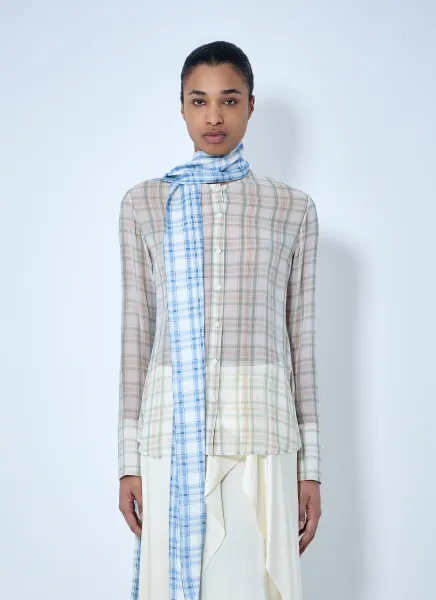 Plaid Sheer Button-Down Blouse