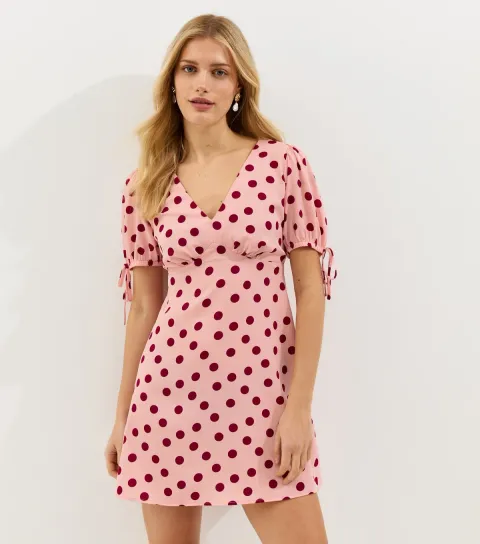 Women's Pink Crepe Polka Dot Tie Sleeve Mini Dress