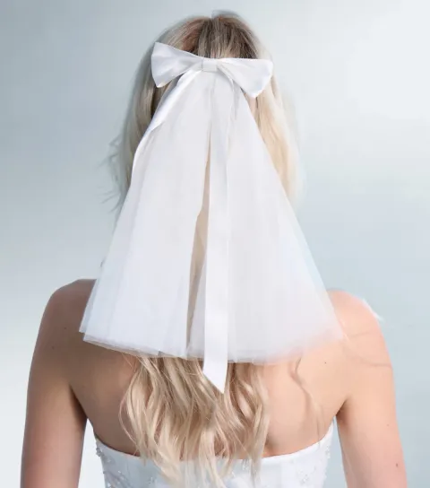White Mesh Clip On Veil With Bow