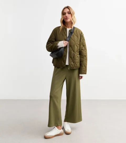 New Look Women's Khaki Ribbed Cropped Trousers