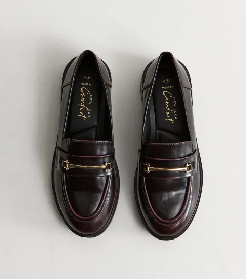 New Look Women's Wide Fit Dark Burgundy Faux Leather Burnished Loafers Vegan