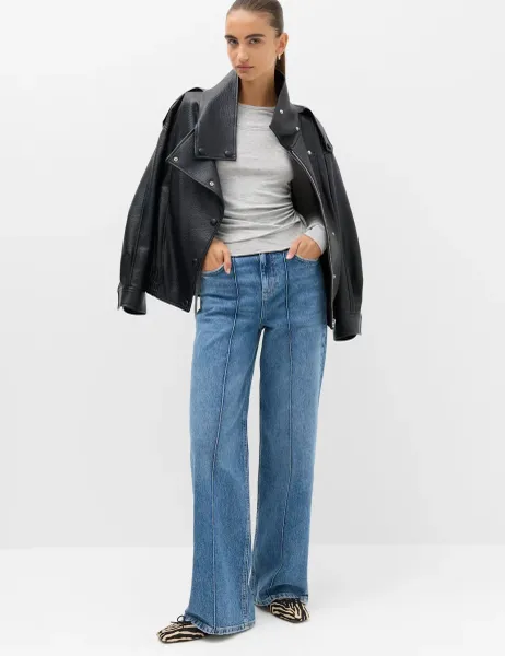 Marks & Spencer High Waisted Pintuck Wide Leg Jeans Medium Indigo