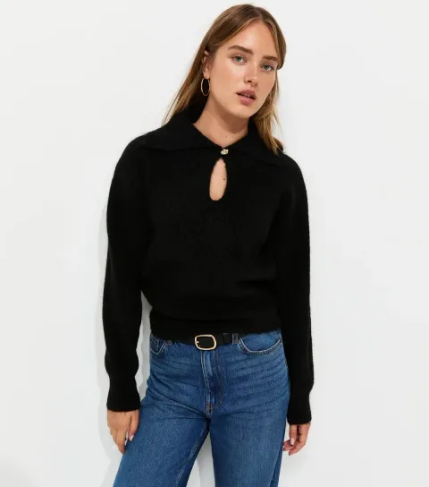 New Look Women's Black Keyhole Collar Button Polo Jumper with Wool