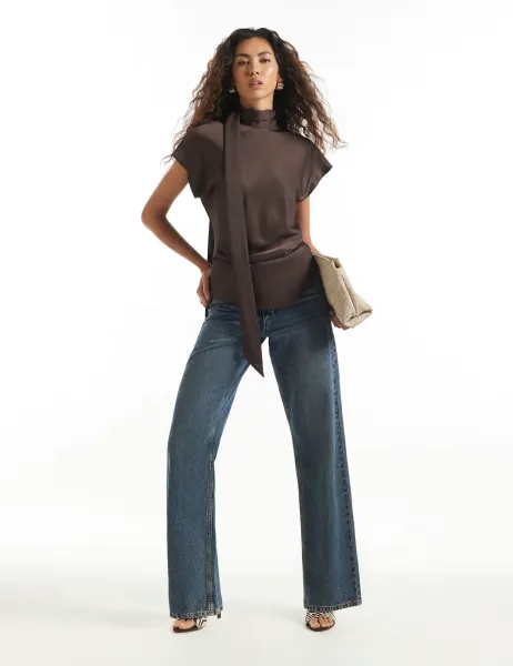 River Island Satin Draped Tie Neck Top