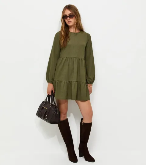 Women's Dark Khaki Crinkled Long Sleeve Smock Mini Dress