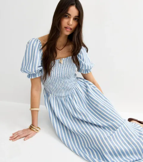 Women's Blue Striped Shirred Puff Sleeve Midi Dress