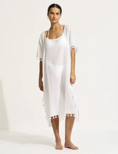 Seafolly Amnesia Pure Cotton Tassel Trim Kaftan Beach Dress White